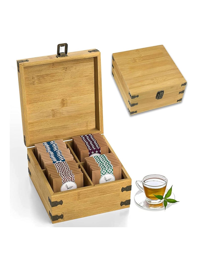 Natural Beech Wood Tea Organizer Box: Chemical-Free, Eco-Friendly, Big, Tall, Adjustable Cubbies. A natural wooden storage chest with 4-Slot Square measuring 18.8 cm x 20.6 cm x 10.7 cm.  - Image 1