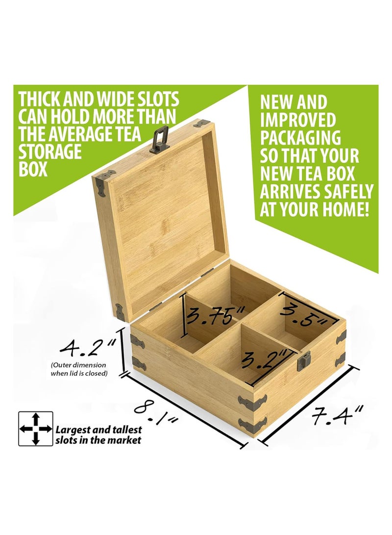 Natural Beech Wood Tea Organizer Box: Chemical-Free, Eco-Friendly, Big, Tall, Adjustable Cubbies. A natural wooden storage chest with 4-Slot Square measuring 18.8 cm x 20.6 cm x 10.7 cm.  - Image 3