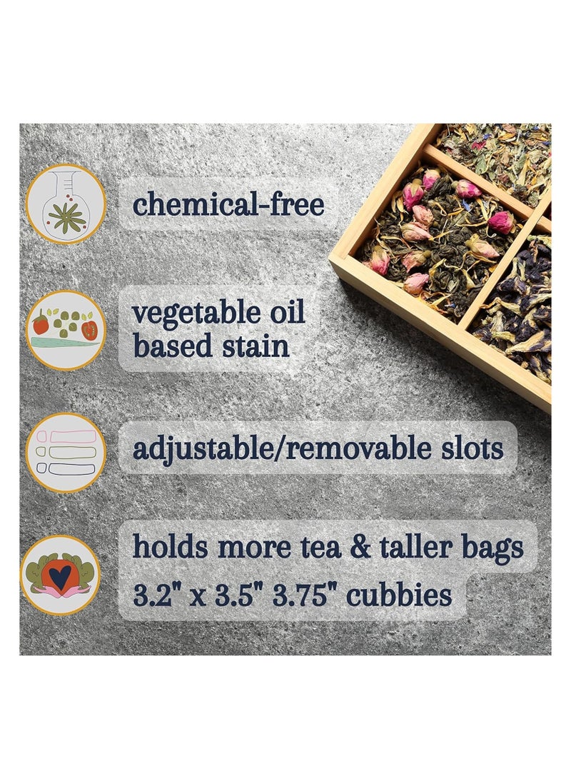 Natural Beech Wood Tea Organizer Box: Chemical-Free, Eco-Friendly, Big, Tall, Adjustable Cubbies. A natural wooden storage chest with 4-Slot Square measuring 18.8 cm x 20.6 cm x 10.7 cm.  - Image 2
