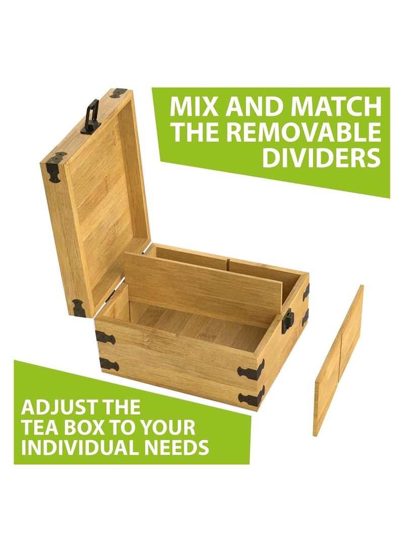 Natural Beech Wood Tea Organizer Box: Chemical-Free, Eco-Friendly, Big, Tall, Adjustable Cubbies. A natural wooden storage chest with 4-Slot Square measuring 18.8 cm x 20.6 cm x 10.7 cm.  - Image 4