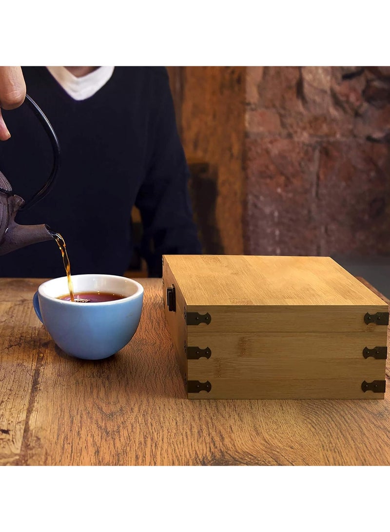 Natural Beech Wood Tea Organizer Box: Chemical-Free, Eco-Friendly, Big, Tall, Adjustable Cubbies. A natural wooden storage chest with 4-Slot Square measuring 18.8 cm x 20.6 cm x 10.7 cm.  - Image 5