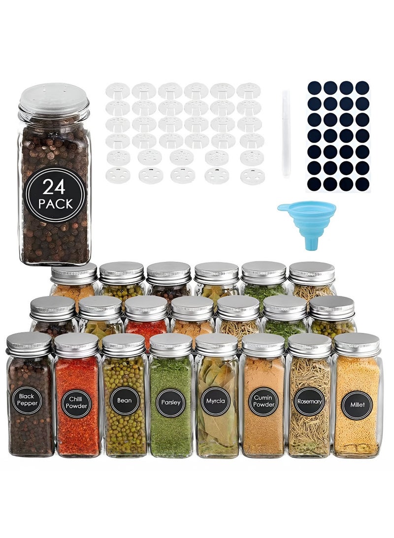 24 Pcs Glass Spice Jars with White Printed Spice Labels 4oz Empty Square Spice Bottles Shaker Lids and Airtight Metal Caps Silicone Collapsible Funnel - Image 1