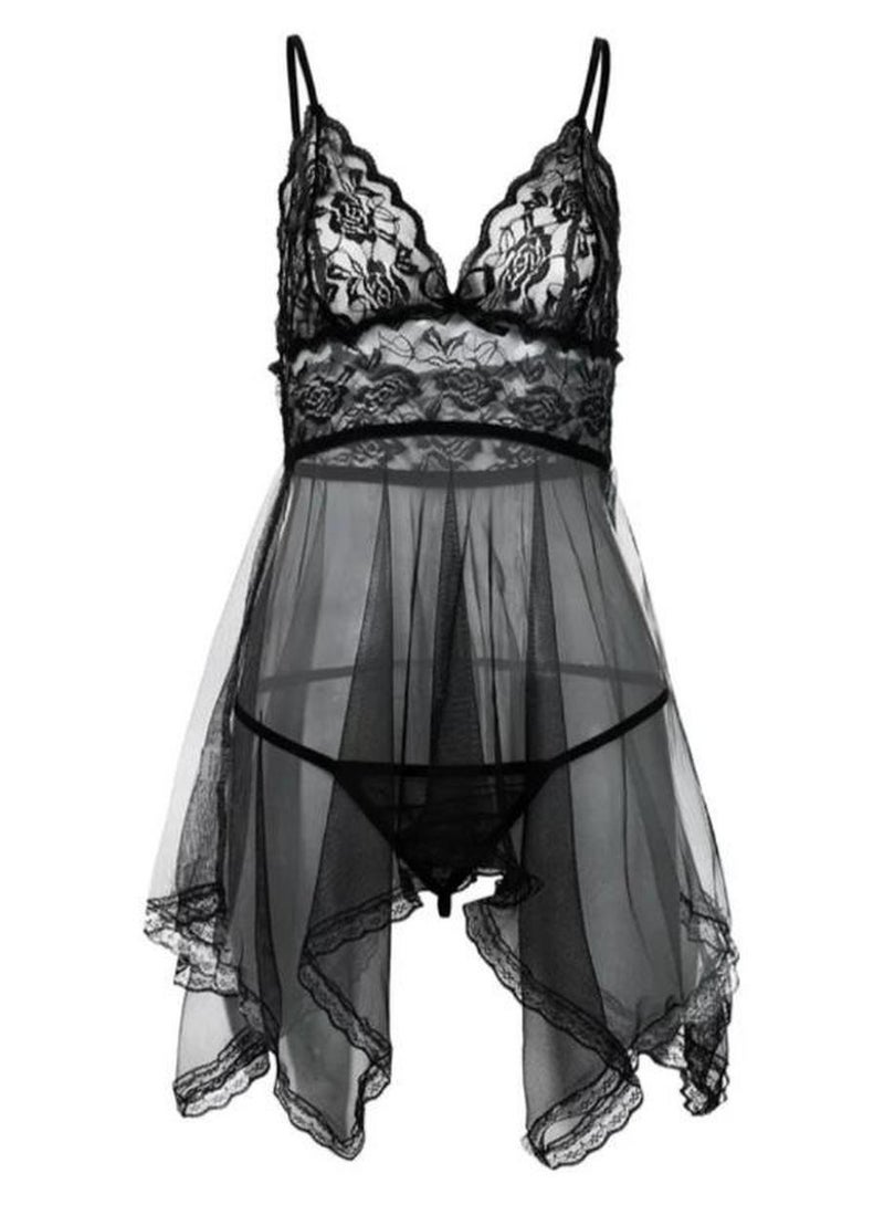 Lingerie Night Dress Sleepwear Underwear Strap Dress V Neck Lace Decor with Thong NO: 53