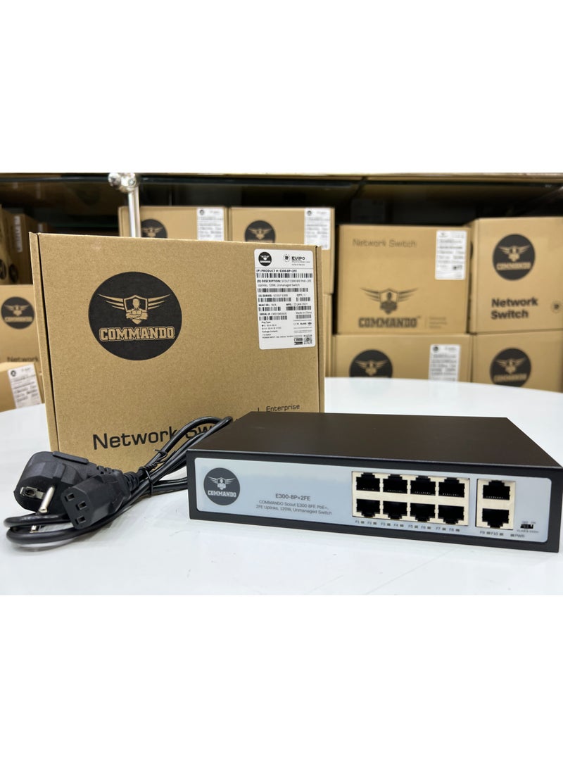 COMMANDO E300 8FE PoE+, 2FE Uplinks, 130W, Unmanaged Switch -- 8+2 PoE Switch, IEEE802.3af/at 15.4W/30W PoE+, 8 Port PoE Switch, 2Gbps Switching Capacity, Ethernet Switch, Network Switch - E300-8P+2FE - Image 2
