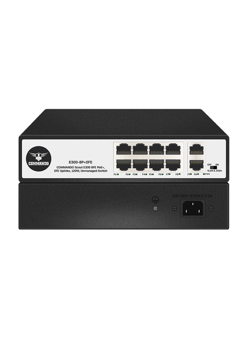 COMMANDO E300 8FE PoE+, 2FE Uplinks, 130W, Unmanaged Switch -- 8+2 PoE Switch, IEEE802.3af/at 15.4W/30W PoE+, 8 Port PoE Switch, 2Gbps Switching Capacity, Ethernet Switch, Network Switch - E300-8P+2FE - Image 1