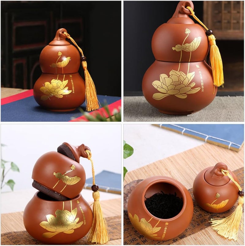 KALLORY Gourd Shaped Ceramic Tea Canister Airtight Two-layer Purple Clay Tea Storage Jar Household Kitchen Sealing Container and Food Preservation - Image 3