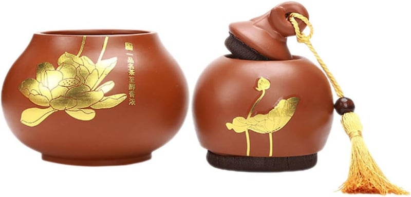 KALLORY Gourd Shaped Ceramic Tea Canister Airtight Two-layer Purple Clay Tea Storage Jar Household Kitchen Sealing Container and Food Preservation - Image 1