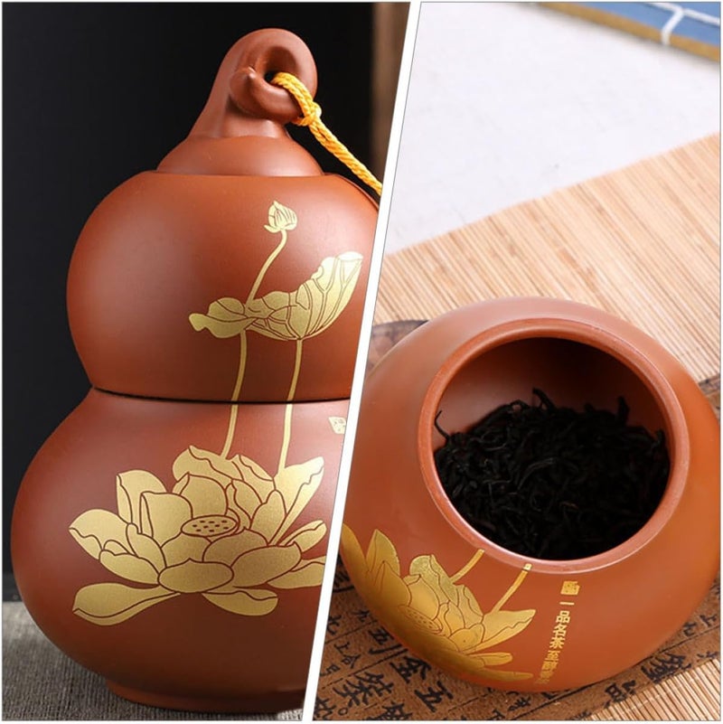 KALLORY Gourd Shaped Ceramic Tea Canister Airtight Two-layer Purple Clay Tea Storage Jar Household Kitchen Sealing Container and Food Preservation - Image 4