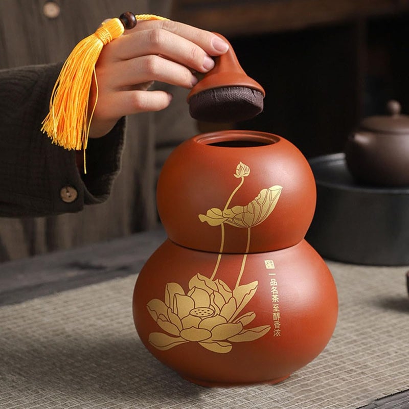 KALLORY Gourd Shaped Ceramic Tea Canister Airtight Two-layer Purple Clay Tea Storage Jar Household Kitchen Sealing Container and Food Preservation - Image 5