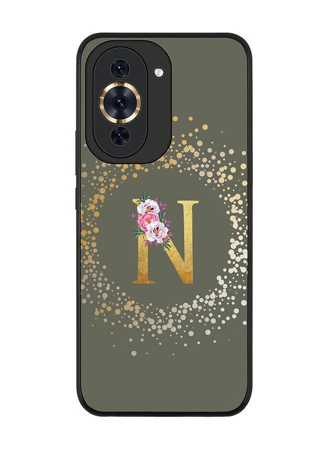 Stylizedd Rugged Black edge case for Huawei nova 10 Pro Slim fit Soft Case Flexible Rubber Edges TPU Gel Thin Cover - Custom Monogram Initial Letter Floral Pattern Alphabet - N (Olive Green) - Image 1