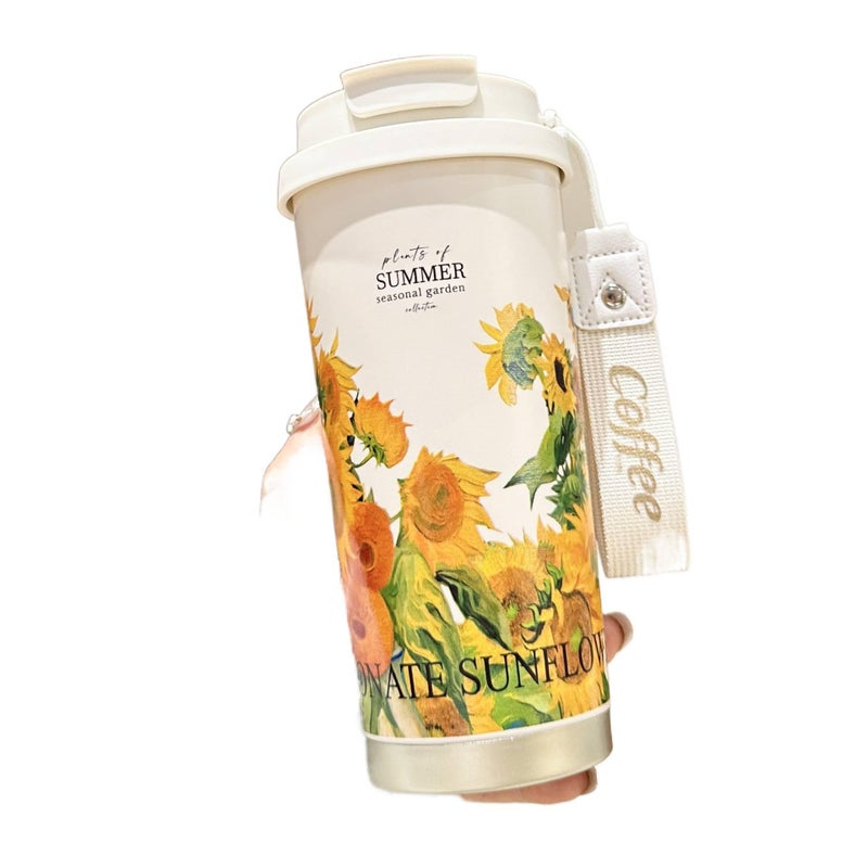 كوب قهوة للسفر باللون الأسود بغطاء بشفاط ومناسب لحامل الأكواب من ستانلس ستيل، 500 ml مع غطاء بقشة من الستانلس ستيل للاستخدام الداخلي للرحلات اليومية للحمل اليومي - Image 1