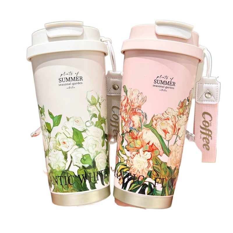 كوب قهوة للسفر باللون الأسود بغطاء بشفاط ومناسب لحامل الأكواب من ستانلس ستيل، 500 ml مع غطاء بقشة من الستانلس ستيل للاستخدام الداخلي للرحلات اليومية للحمل اليومي - Image 3