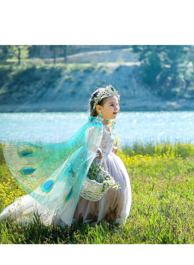 7-Piece Princess Cape Set for Girls with Tiara, Wand & Peacock Cloak - Perfect Dress-Up Costume - Image 2