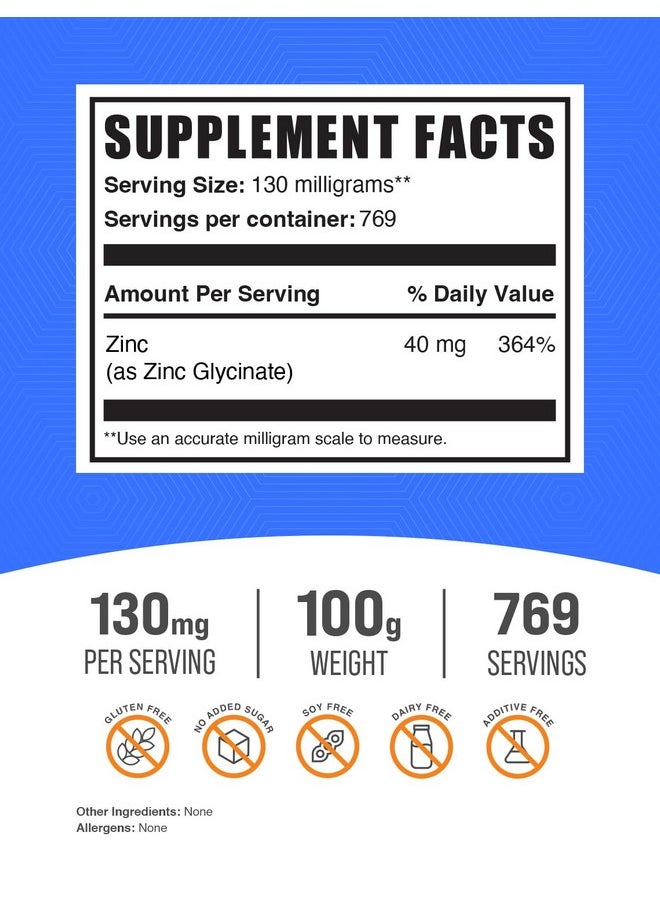 بالك سابلمنتس مسحوق غليسينات الزنك من BulkSupplements.com - مكمل الزنك، زنك 40 مجم، مكمل غليسينات الزنك لدعم المناعة - خالٍ من الجلوتين، 130 مجم لكل وجبة، 100 جرام (3.5 أونصة) (عبوة من قطعة واحدة)  - Image 2