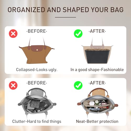 Doxo New DupontPaper Purse Organizer Insert Compatible with Longchamp Le Pliage L Handbag Insert, Lightweight Waterproof Le Pliage Large Organizer(Black&Brown, Large) - Image 4