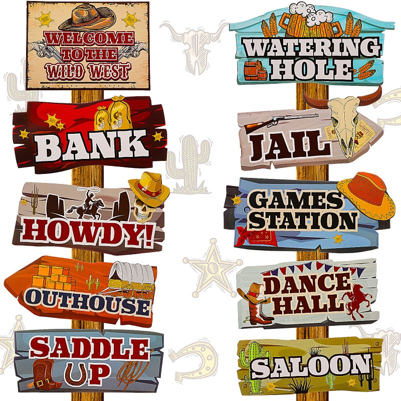 Jetec 20 Pieces Western Party Directional Sign Western Cowboy Rodeo Theme Wild West Party Large Yard Sign Cowboy and Cowgirl Decor Welcome Outdoor Wall Supplies Photo Props Retro Color