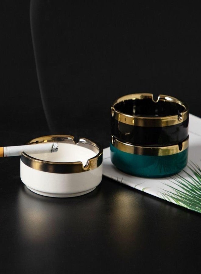 Saim Ceramic Cigar Ashtray for Men - Retro Round Desktop Ash Tray with Gold Edge, Anti-Slip Bottom, for Home Office Patio Outdoor Smoking (White) - Image 3