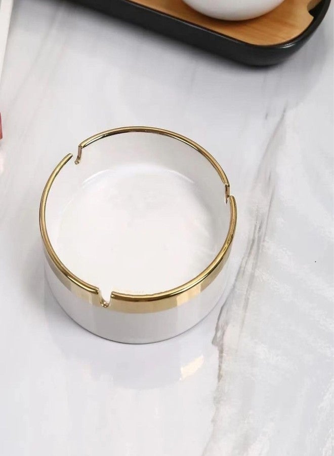 Saim Ceramic Cigar Ashtray for Men - Retro Round Desktop Ash Tray with Gold Edge, Anti-Slip Bottom, for Home Office Patio Outdoor Smoking (White) - Image 4