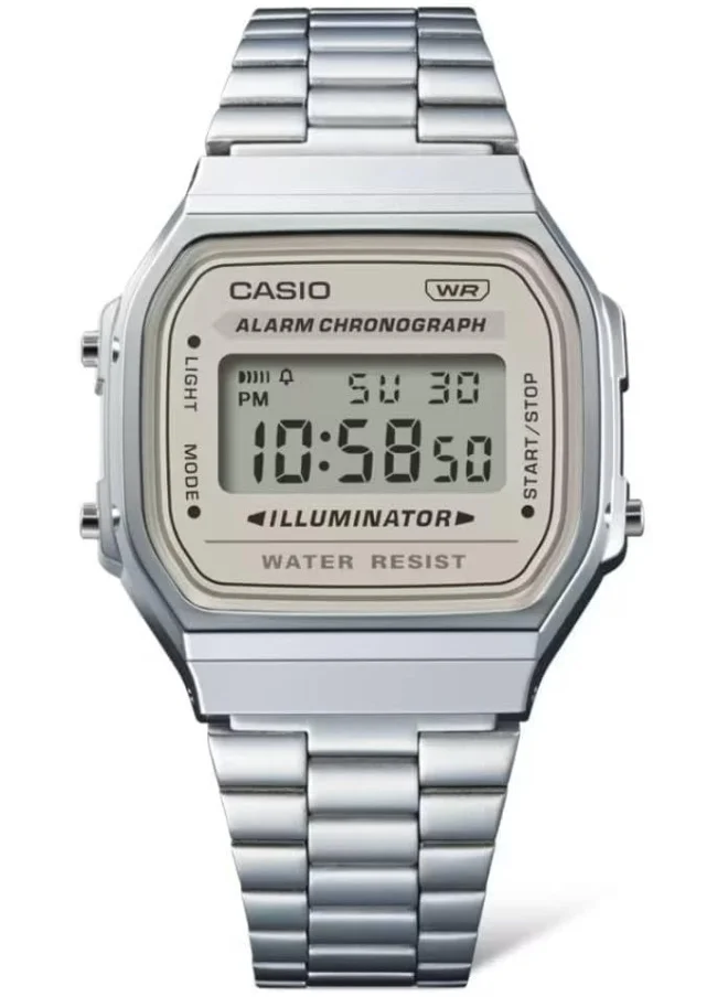 CASIO Unisex Digital Display Watch With Silver Stainless Steel Strap - A168WA-8AYDF