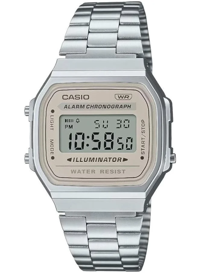 CASIO Unisex Digital Display Watch With Silver Stainless Steel Strap - A168WA-8AYDF