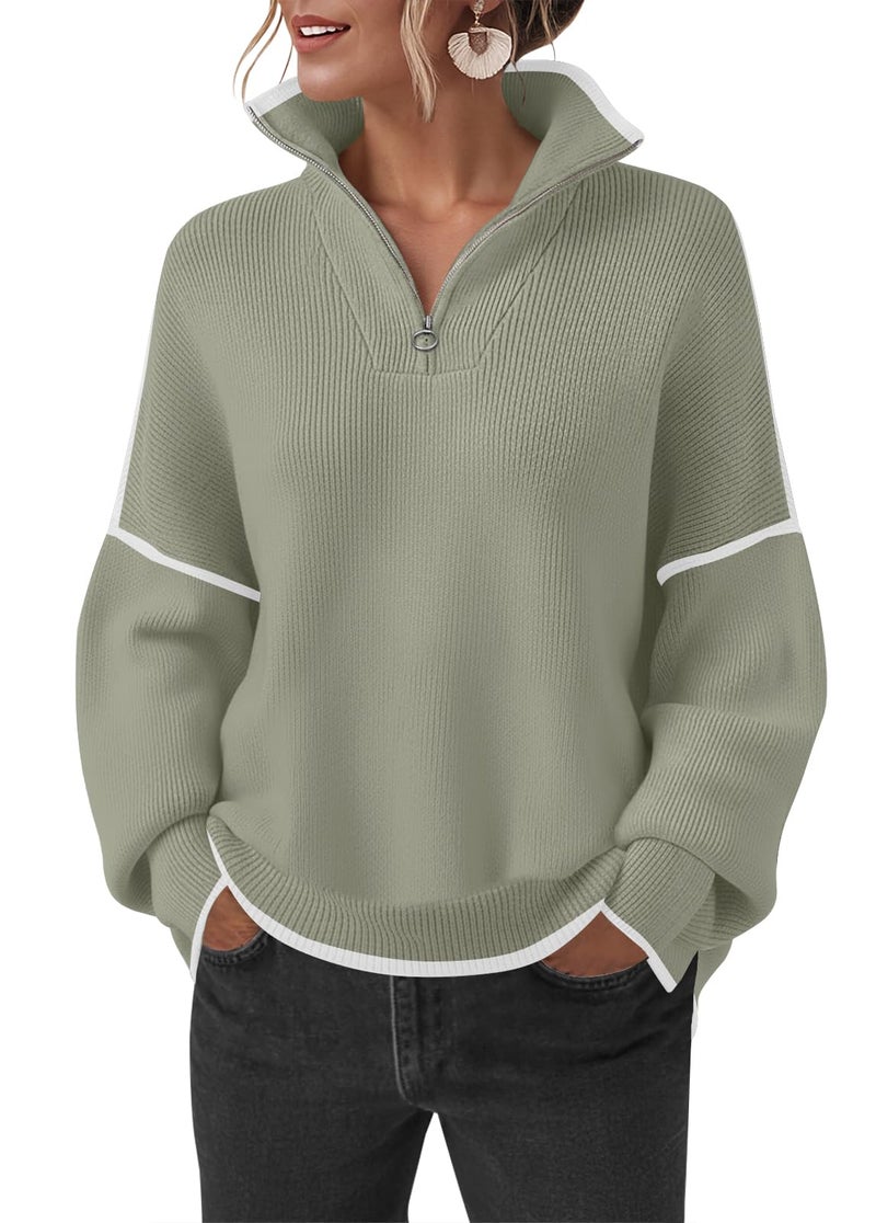 SAUKOLE Womens Oversized Tunic Sweaters 1/4 Zipper Neck Knit Tops Casual Sweatshirt Pullover Stripes Sweater Side Split - Image 1