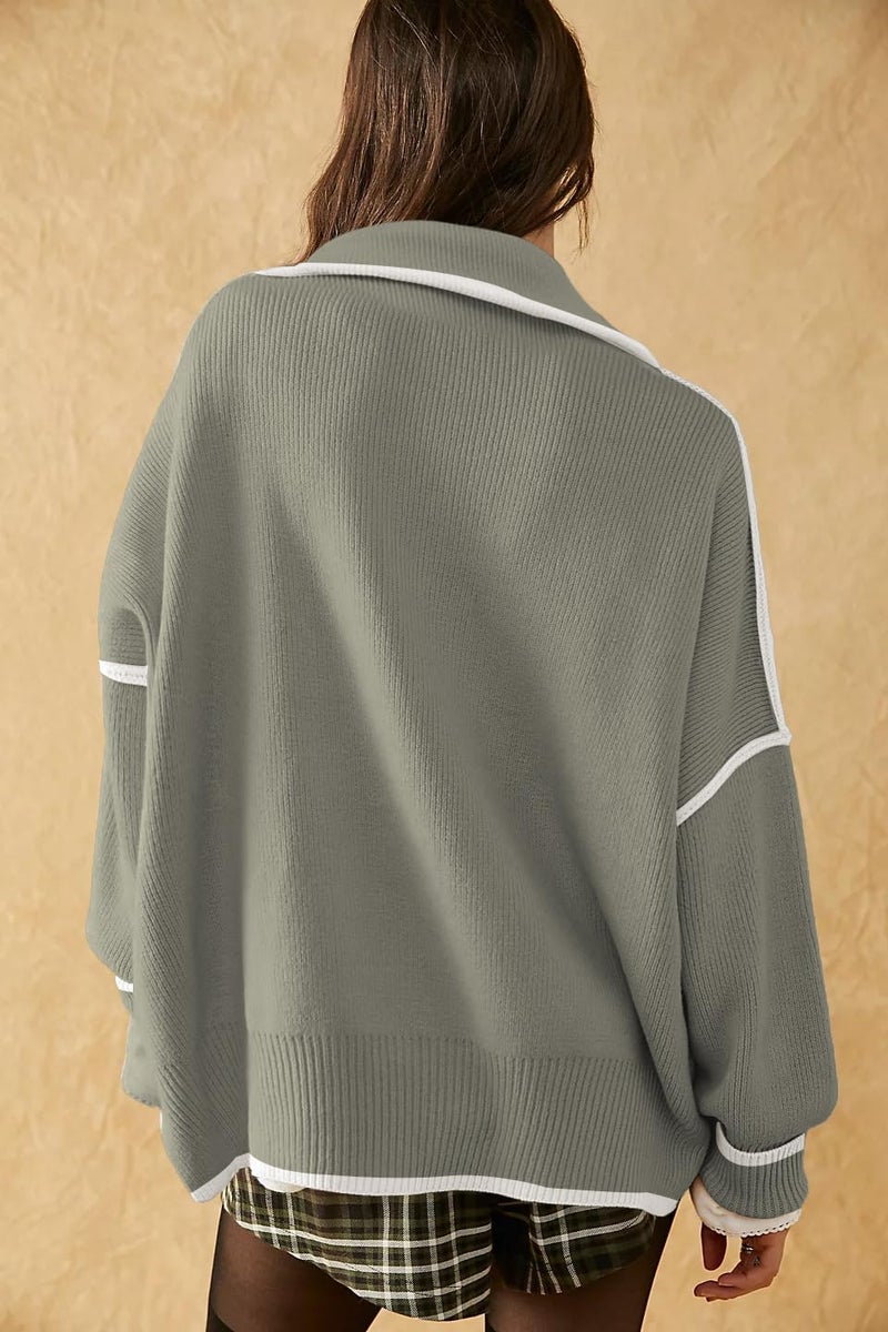 SAUKOLE Womens Oversized Tunic Sweaters 1/4 Zipper Neck Knit Tops Casual Sweatshirt Pullover Stripes Sweater Side Split - Image 3