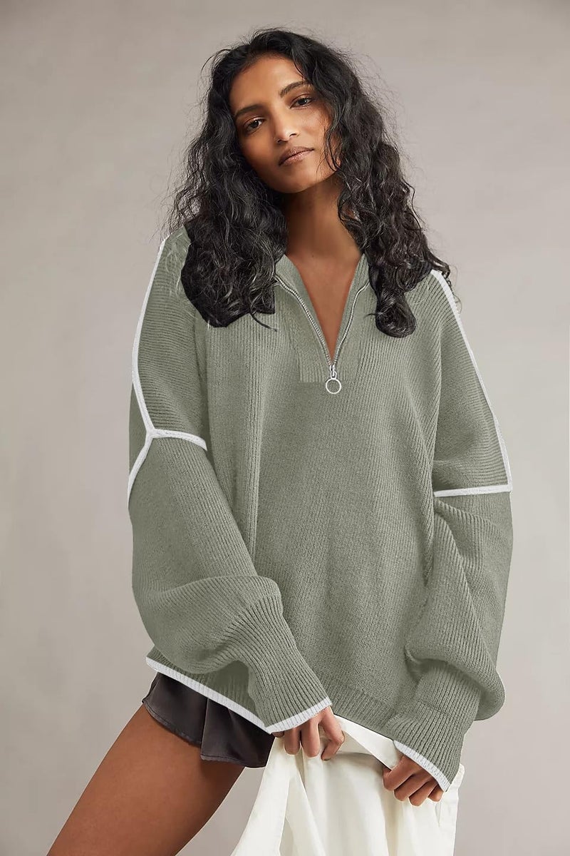 SAUKOLE Womens Oversized Tunic Sweaters 1/4 Zipper Neck Knit Tops Casual Sweatshirt Pullover Stripes Sweater Side Split - Image 2
