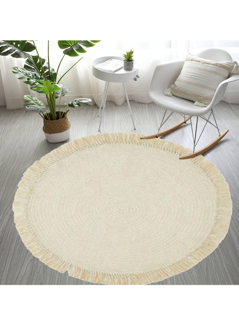 HOME TASTE TOMSUN Fabric Area Rug Natural Beige Circular Area Mat with Fringed Edge Eco-Friendly for Living Room, Bedroom, or Dining Room  - Image 1