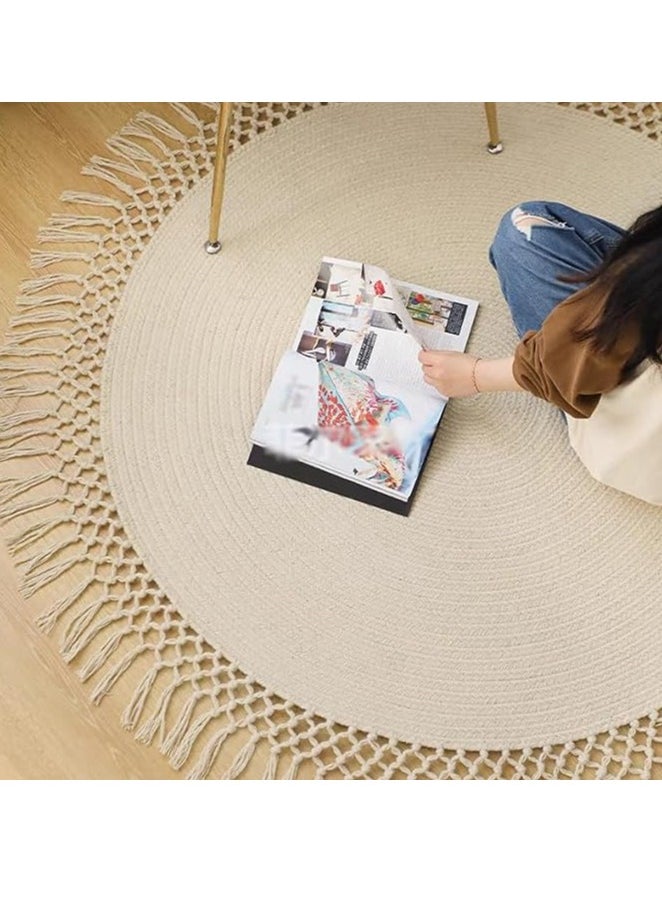 HOME TASTE TOMSUN Fabric Area Rug Natural Beige Circular Area Mat with Fringed Edge Eco-Friendly for Living Room, Bedroom, or Dining Room  - Image 4
