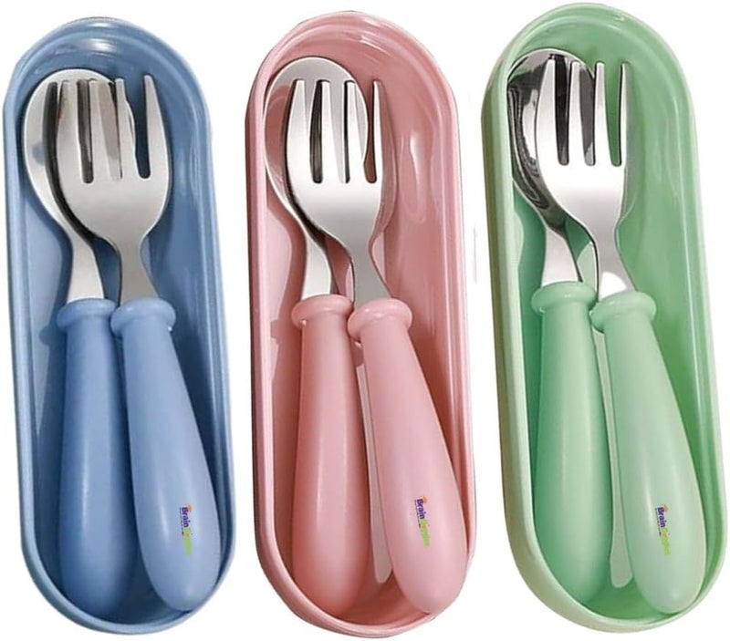 BrainGiggles Kids Cutlery Set with Case, Round Edge Stainless Steel, BPA Free Spoon & Fork, Hygienic 304 Stainless Steel for School, Picnic, Outing (Pack of 3, Blue Pink & Green) - Image 1