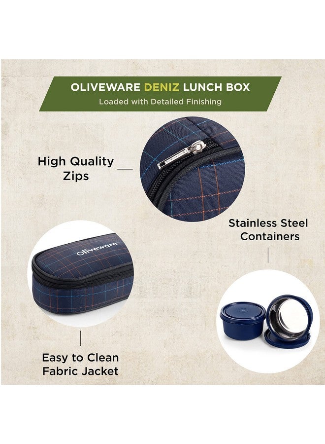 SOPL-OLIVEWARE Oliveware Deniz Lunch Box, 2 Inner Steel Containers (450 ml Each), Leak Proof & Microwave Safe, Insulated Fabric Bag, Full Meal & Easy to Carry (Blue) - Image 3