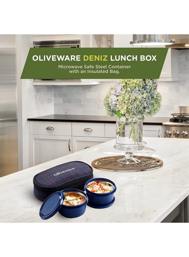 SOPL-OLIVEWARE Oliveware Deniz Lunch Box, 2 Inner Steel Containers (450 ml Each), Leak Proof & Microwave Safe, Insulated Fabric Bag, Full Meal & Easy to Carry (Blue) - Image 4