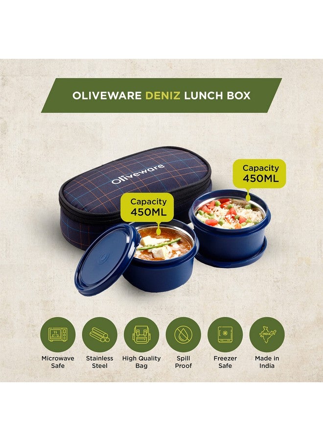 SOPL-OLIVEWARE Oliveware Deniz Lunch Box, 2 Inner Steel Containers (450 ml Each), Leak Proof & Microwave Safe, Insulated Fabric Bag, Full Meal & Easy to Carry (Blue) - Image 2