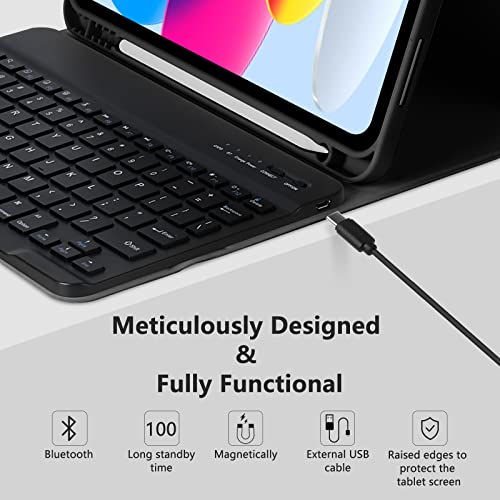 MMK iPad A16 Case (2025, 11"), iPad 10th Generation Case with Keyboard (2022, 10.9"), Wireless Detachable Keyboard, Pencil Holder (Black) - Image 2