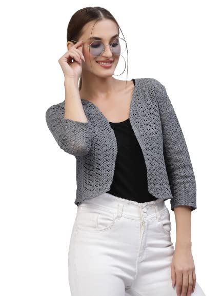 Style Quotient Women Grey Cotton self Design lace Crop Open Front Shrug - Image 1
