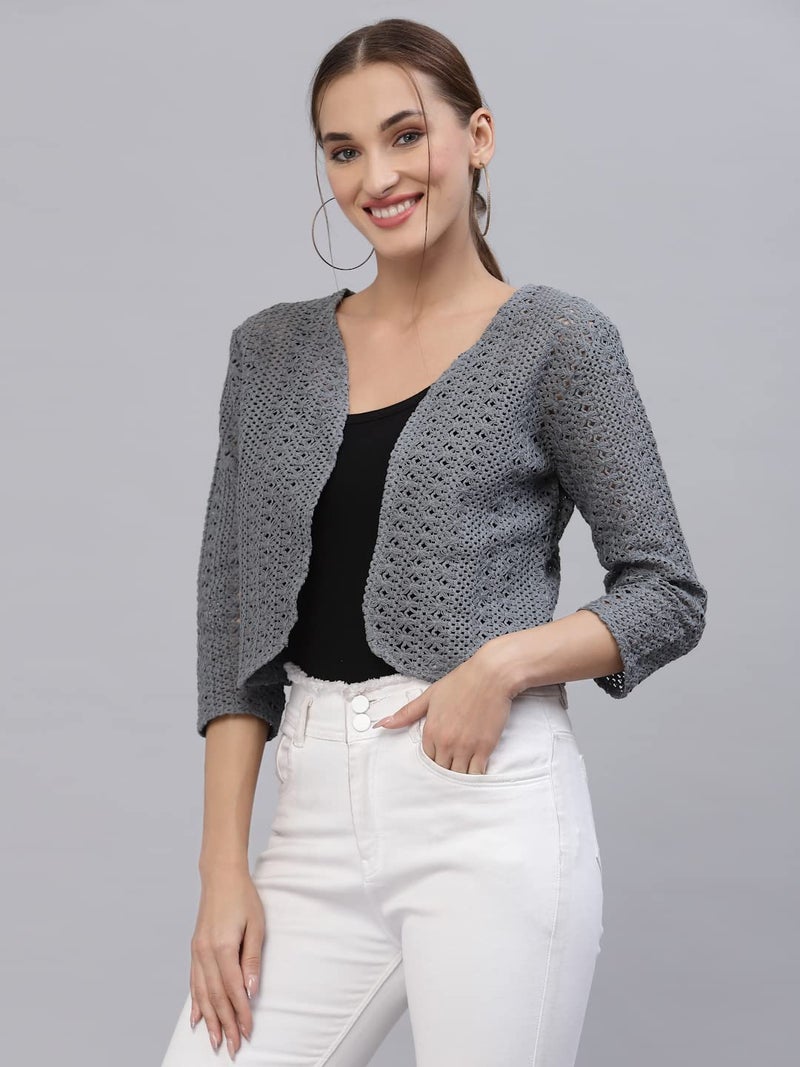 Style Quotient Women Grey Cotton self Design lace Crop Open Front Shrug - Image 3