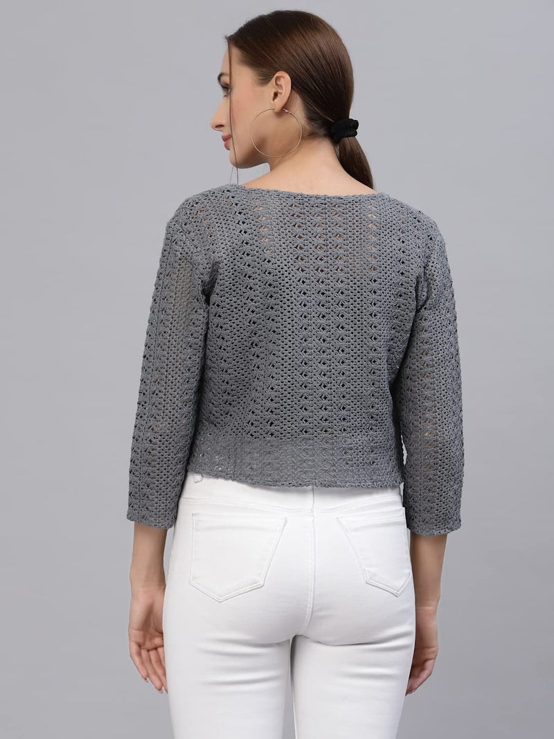 Style Quotient Women Grey Cotton self Design lace Crop Open Front Shrug - Image 4