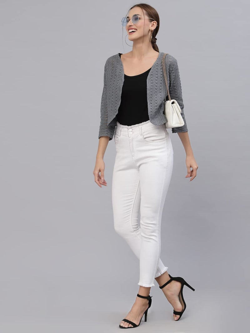 Style Quotient Women Grey Cotton self Design lace Crop Open Front Shrug - Image 5