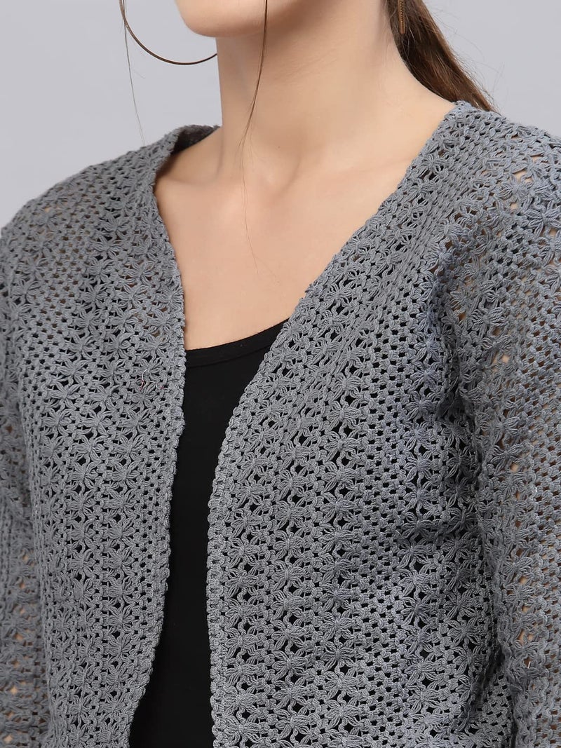 Style Quotient Women Grey Cotton self Design lace Crop Open Front Shrug - Image 2