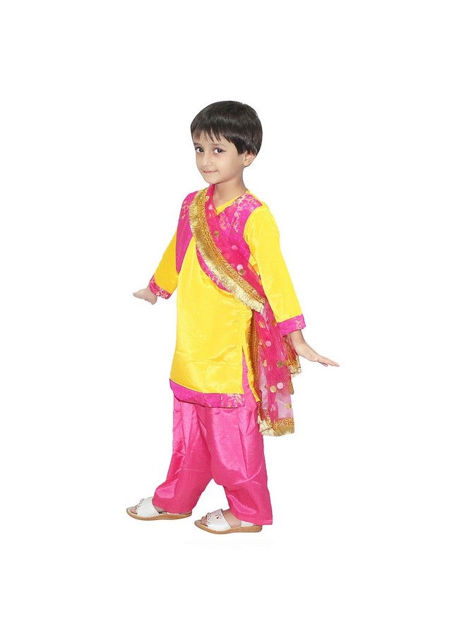Kaku Fancy Dresses Polyester Indian State Punjabi Folk Dance Costume For Kids/Salwar Suit With Dupatta For Girl Costume - Yellow & Magenta, 14-17 Years - Image 2
