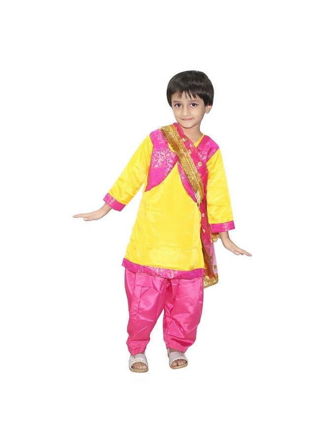 Kaku Fancy Dresses Polyester Indian State Punjabi Folk Dance Costume For Kids/Salwar Suit With Dupatta For Girl Costume - Yellow & Magenta, 14-17 Years - Image 1