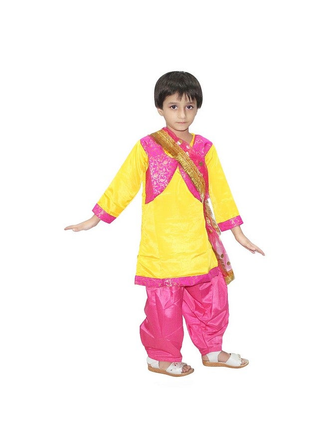 Kaku Fancy Dresses Polyester Indian State Punjabi Folk Dance Costume For Kids/Salwar Suit With Dupatta For Girl Costume - Yellow & Magenta, 14-17 Years - Image 3
