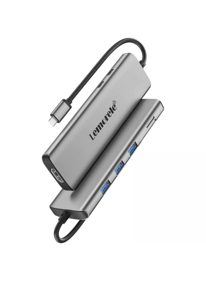 ليموريلي محول متعدد المنافذ 8 في 1 بمنفذ USB-C، مزود بمنفذ HDMI بدقة 4K، وتقنية توصيل طاقة بقدرة 100 واط، ومنفذ USB 3.0 بسرعة 5 جيجابت في الثانية، وقارئ بطاقات SD/TF، ​​متوافق مع MacBook Pro وXPS وChromebook وغيرها. - Image 1