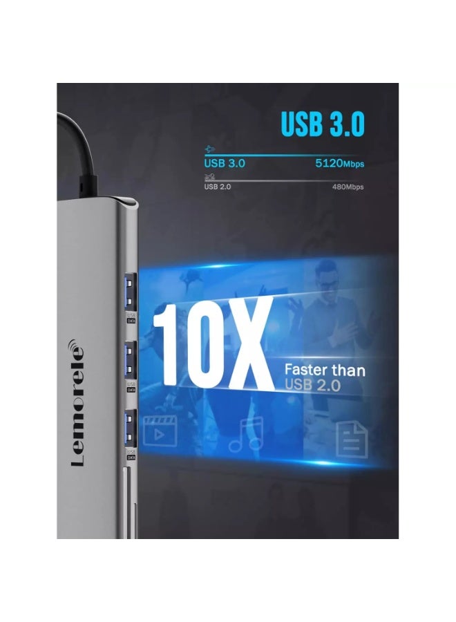 ليموريلي محول متعدد المنافذ 8 في 1 بمنفذ USB-C، مزود بمنفذ HDMI بدقة 4K، وتقنية توصيل طاقة بقدرة 100 واط، ومنفذ USB 3.0 بسرعة 5 جيجابت في الثانية، وقارئ بطاقات SD/TF، ​​متوافق مع MacBook Pro وXPS وChromebook وغيرها. - Image 2