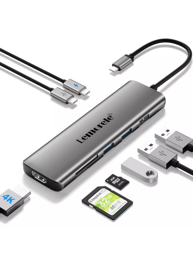 ليموريلي محول متعدد المنافذ 8 في 1 بمنفذ USB-C، مزود بمنفذ HDMI بدقة 4K، وتقنية توصيل طاقة بقدرة 100 واط، ومنفذ USB 3.0 بسرعة 5 جيجابت في الثانية، وقارئ بطاقات SD/TF، ​​متوافق مع MacBook Pro وXPS وChromebook وغيرها. - Image 4