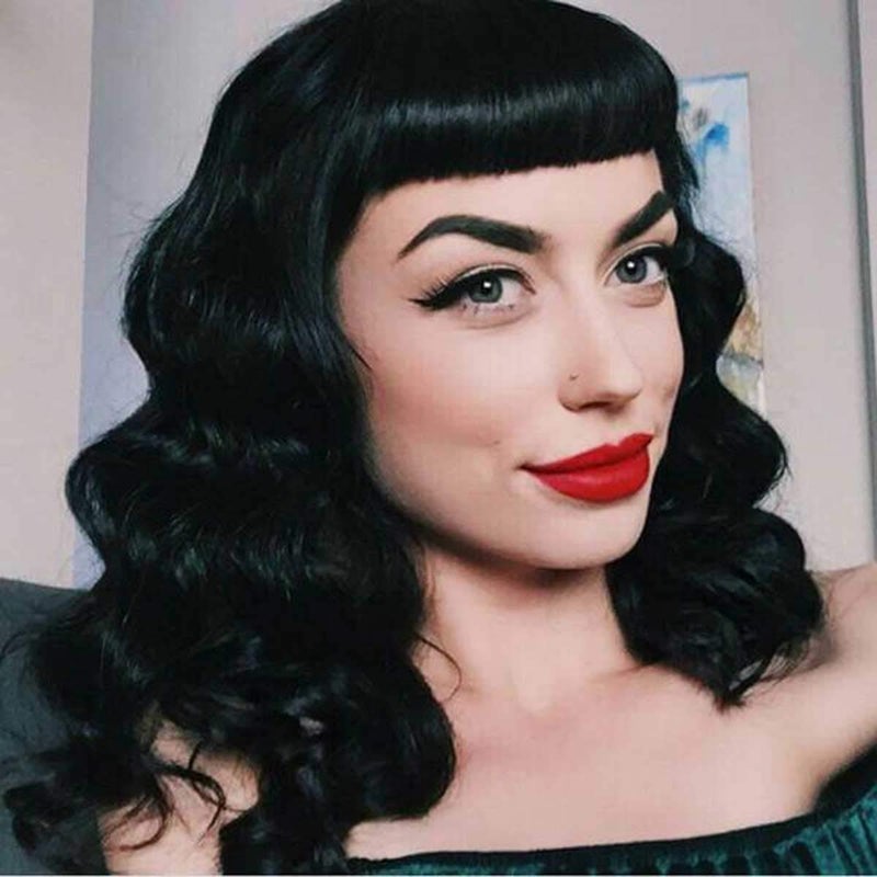 G&T Wig GT Wig Rockabilly Vintage Wigs for Women Short Black Wig with Bangs Shoulder Length Heat Resistant Short Curly Bettie Page Wigs for Cosplay  Daily Use