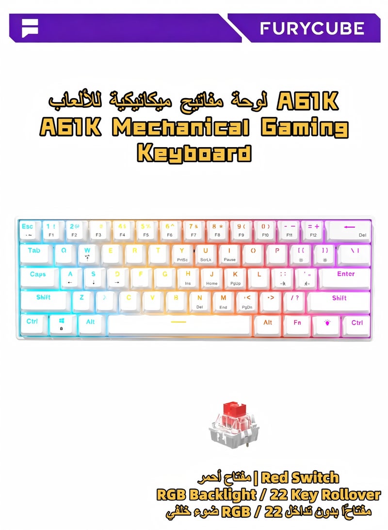 مكعب غاضب لوحة مفاتيح الألعاب السلكية A61K، مزودة بمفاتيح ميكانيكية وإضاءة RGB، تحتوي على 61 مفتاحًا، متوافقة مع أنظمة Windows وMac. - Image 1