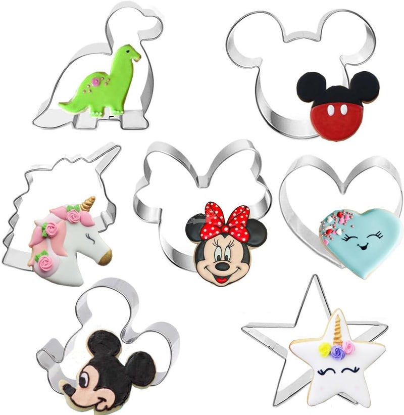 7 Piece Cookie Cutters with Shapes of Mickey Mouse Head Mickey Mouse Face Minnie Mouse Unicorn Dinosaur Heart and Star for Cookies Sandwiches and Cakes