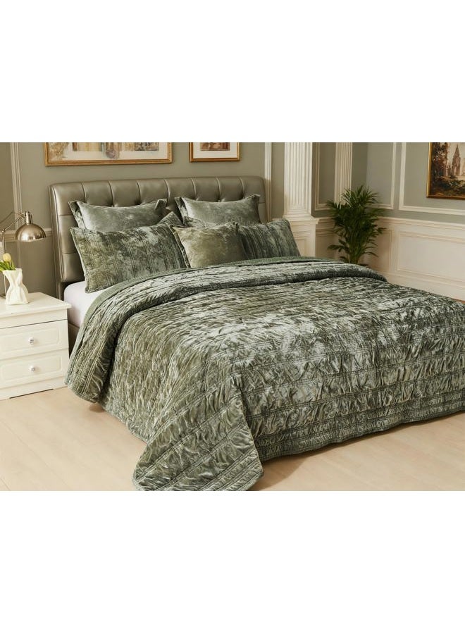 COCOPLOCEUS 3 Pieces Luxurious Velvet California King Quilts Set 106x118 Ruched Bedspread Coverlet Quilted Bedding Set with 2 Pillow Shams 20x36 Ultra Soft Comforter for All Season, Army Green - Image 3