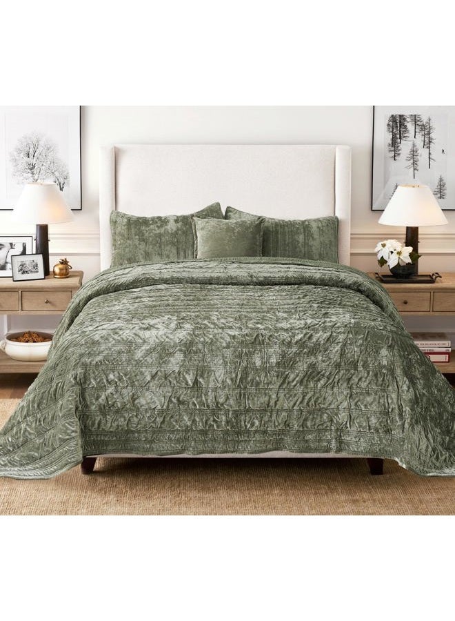 COCOPLOCEUS 3 Pieces Luxurious Velvet California King Quilts Set 106x118 Ruched Bedspread Coverlet Quilted Bedding Set with 2 Pillow Shams 20x36 Ultra Soft Comforter for All Season, Army Green - Image 5